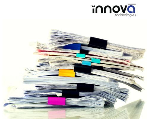 InnovA Technologies logo above a 10 or more stacks of paper each bound by a binder clip.